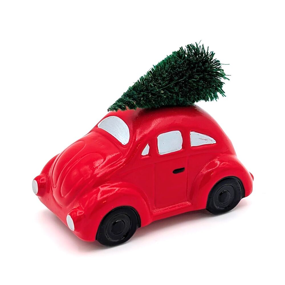 Vintage Department 56 Snow Village Auto with Tree 50555 Red VW Beetle Retired